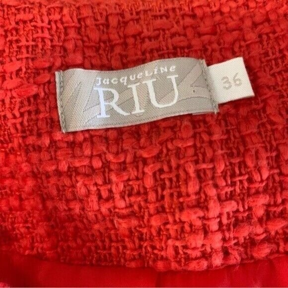 Jacqueline Riu Red Boucle Double Breasted Jacket Blazer Frayed Trim Button 36 - Picture 5 of 6